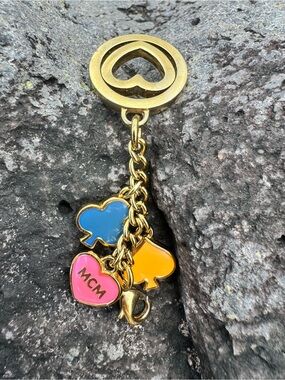 MCM Gold Tone Heart & Logo Charm Keychain Multicolor Enamel